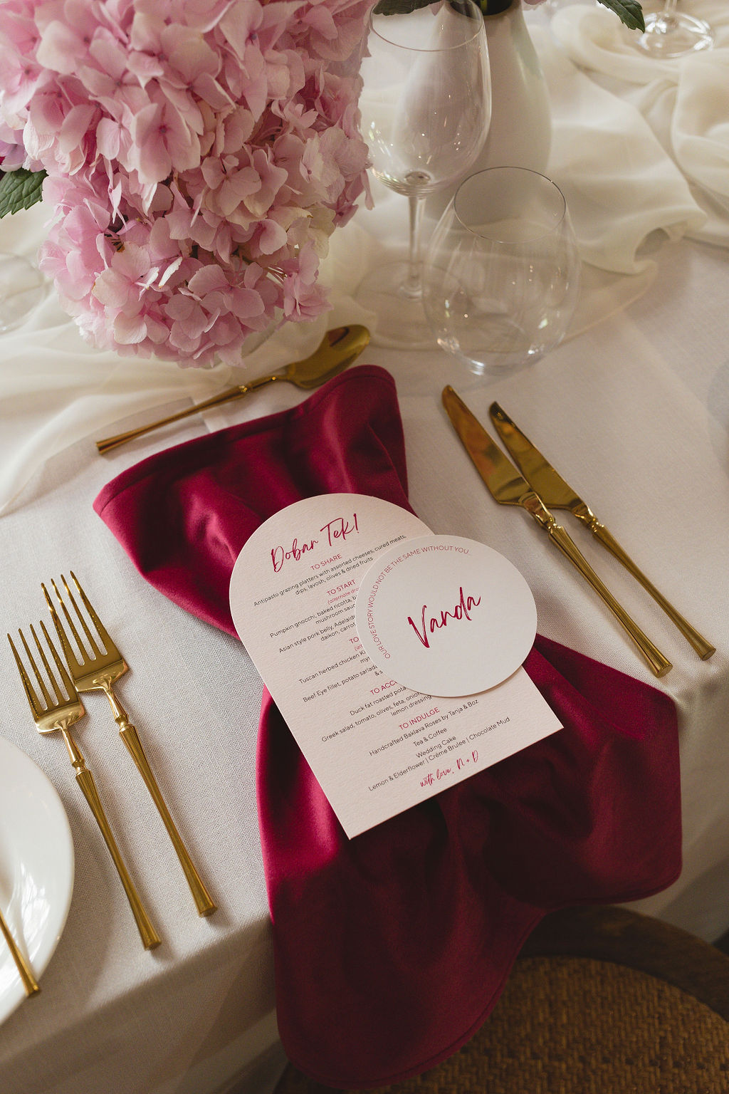Pink Velvet Napkin with menu. Photographer Tash Mohring, wedding stylist The Modern Approach