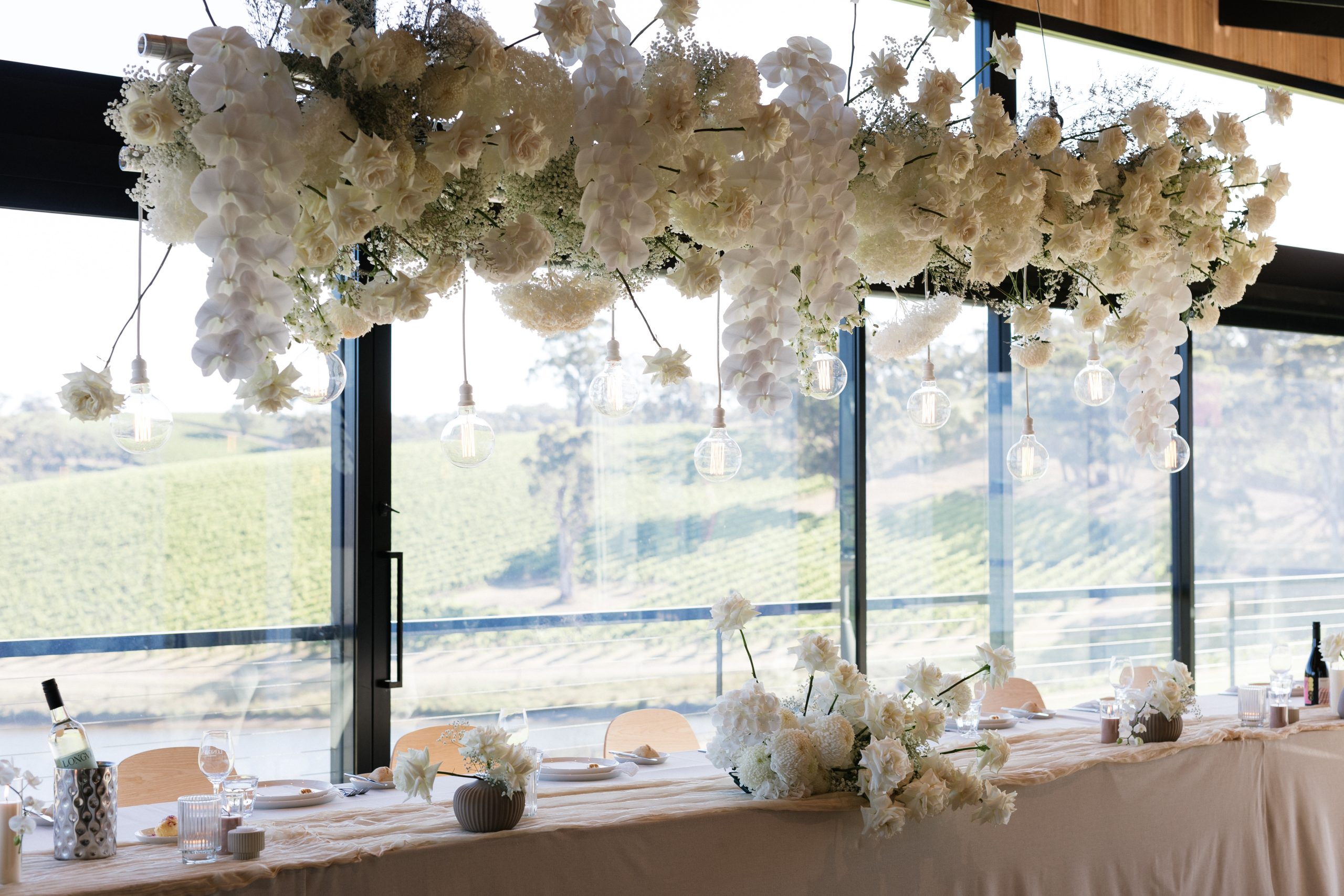 White floral hanging installation, longview vineyard reception space styled by The Modern Approach and Photography Jack Small