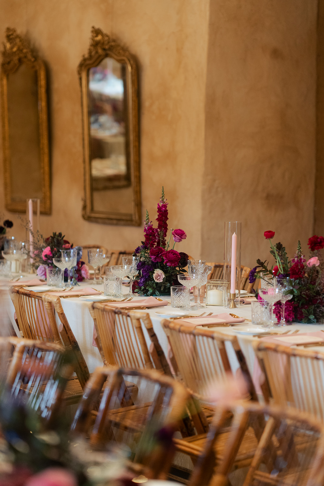 Wedding table set up at Al Ru Farm with dark toned flowers to create a moody rustic elegance