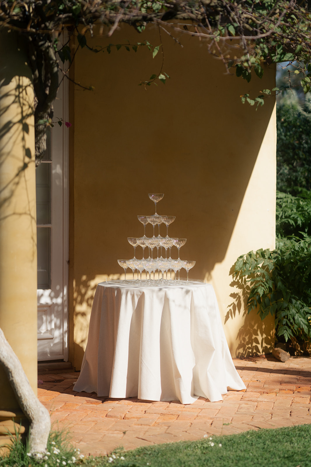 A simple Champagne tower set up at Al Ru Farm for wedding
