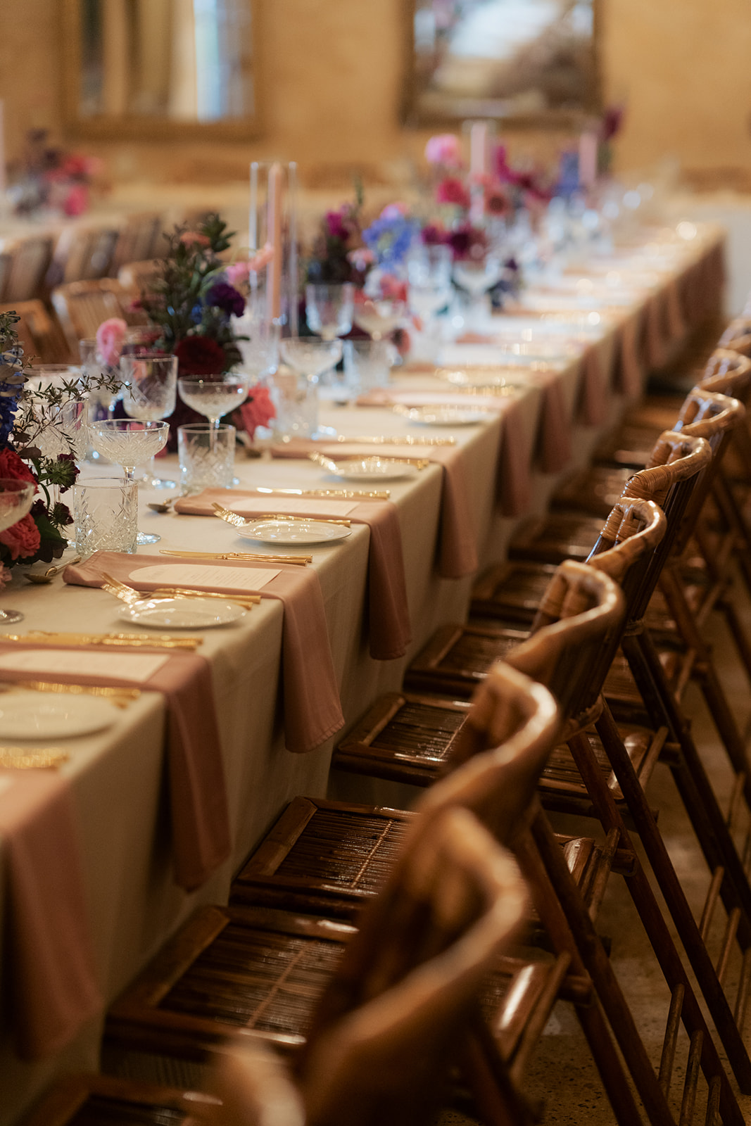 Al Ru Farm wedding table styled to suit a moody rustic elegance brief using dark moody flowers