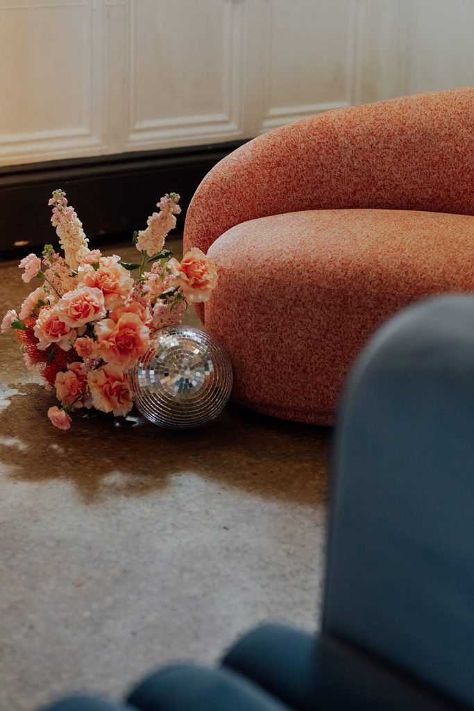 Fun and Colourful furniture and flowers for intimate wedding celebration