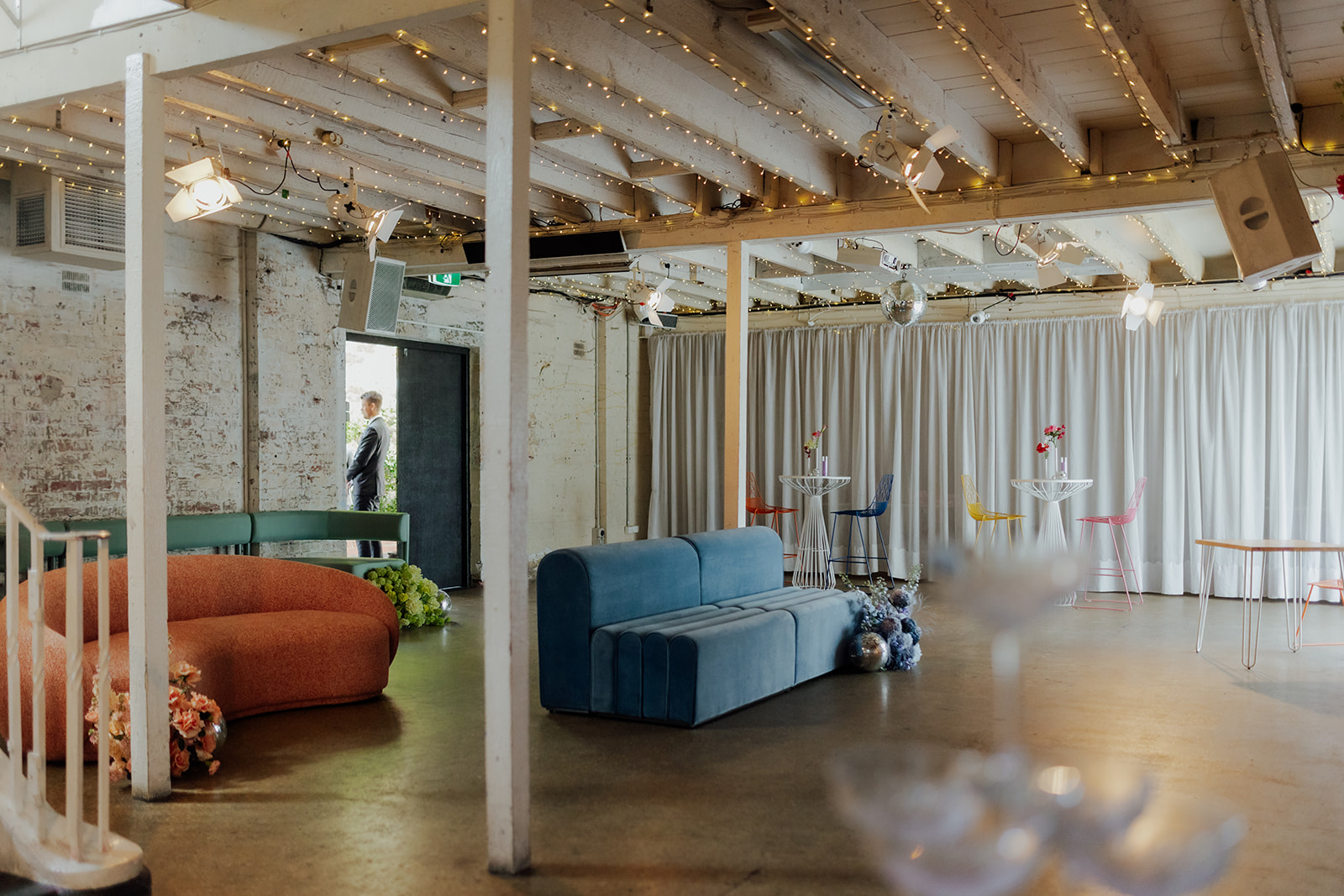 Urban Adelaide warehouse styled for Intimate wedding infused with fun and colour in the florals and furniture
