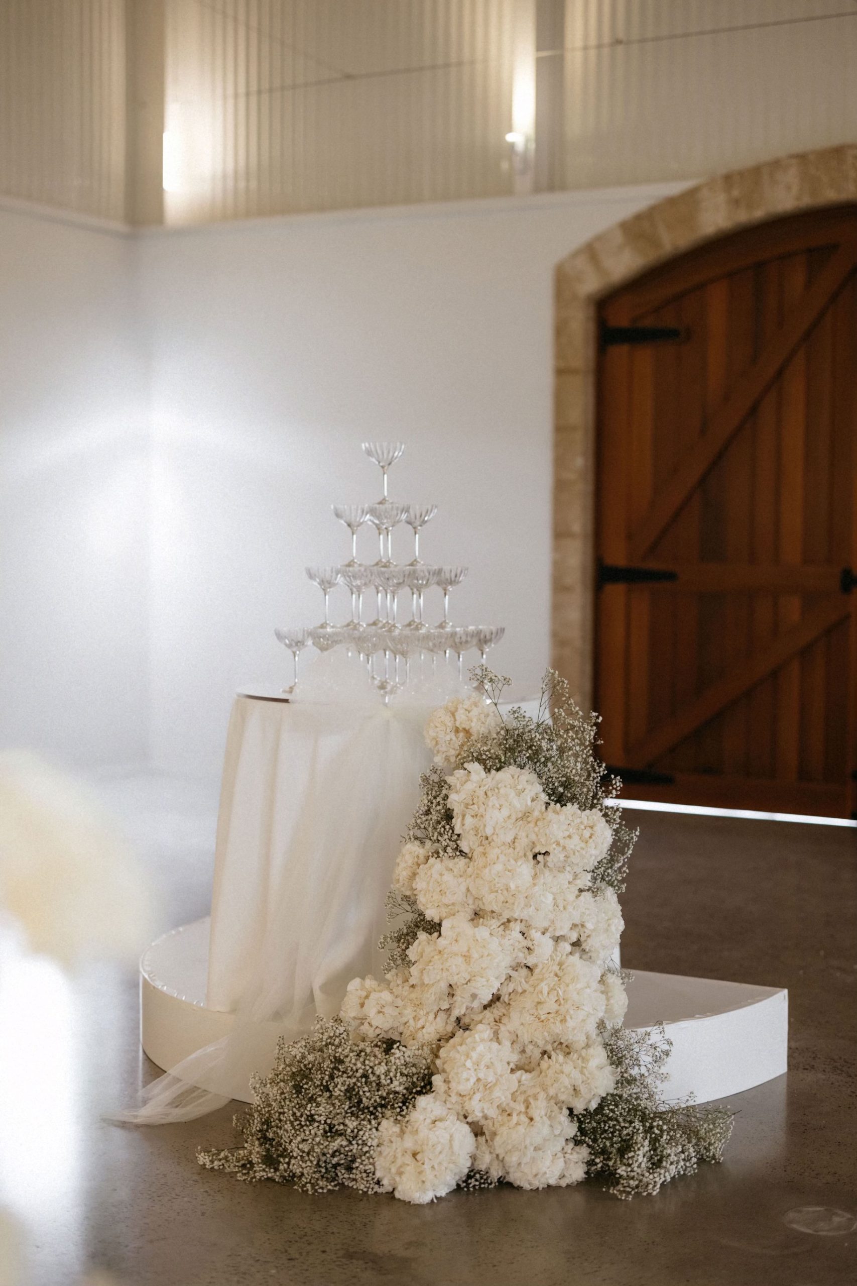 Classic Black and white styled wedding champagne tower at dream adelaide winery wedding venue lloyd brothers