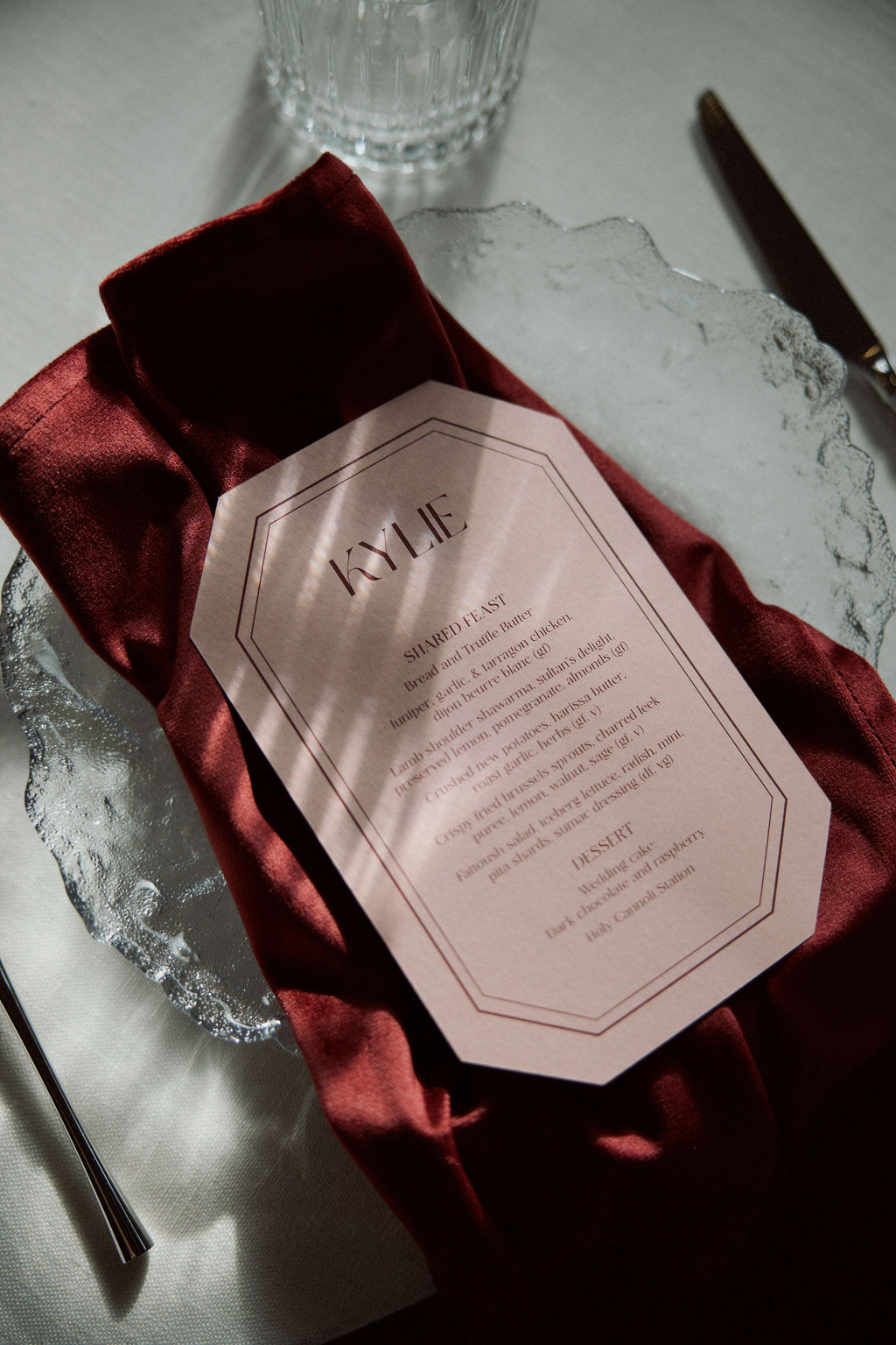 Velvet napkin styled in Moody Autumn celebration setting for wedding at Hazelmere Homestead