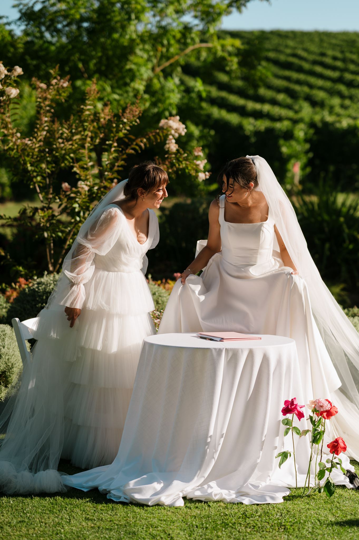 Brides at signing table Colourful Wedding Styling at Goldings Winery Adelaide