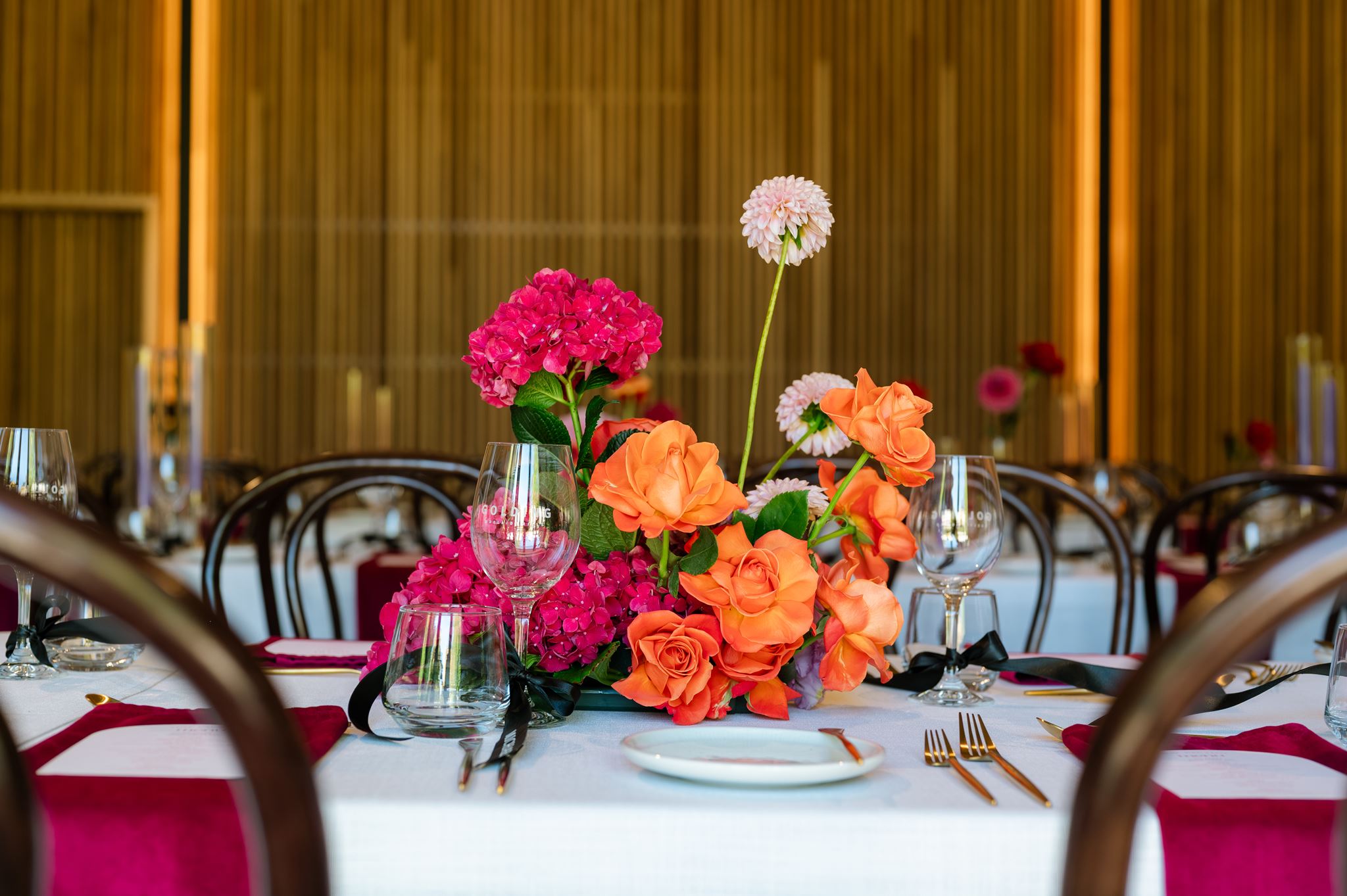 Table floral centrepiece at Colourful Wedding Styling at Goldings Winery Adelaide