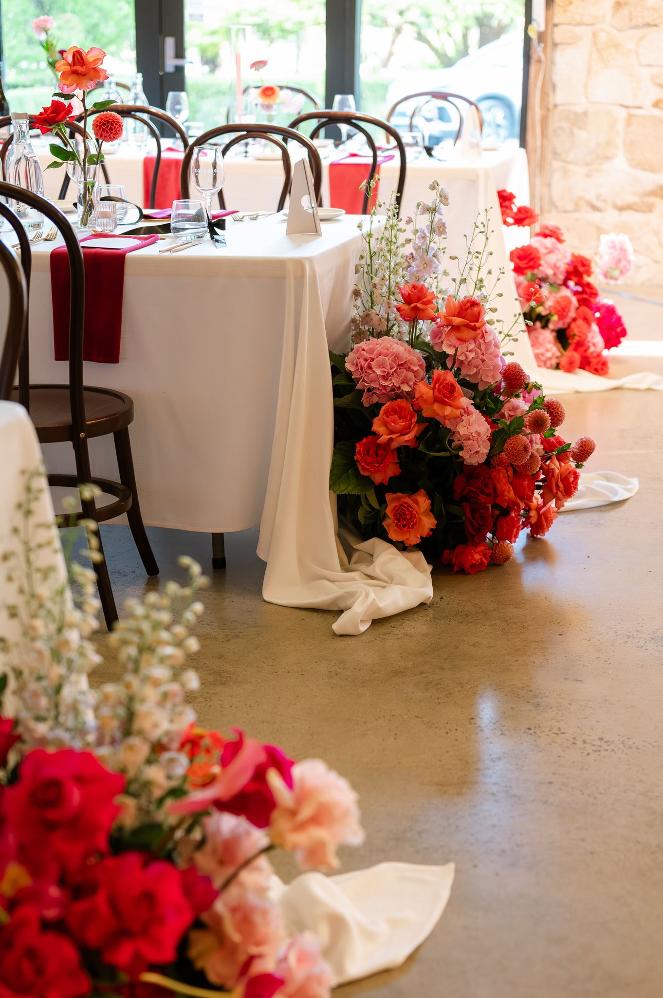 Table floor flowers at. Colourful Wedding Goldings Winery Adelaide