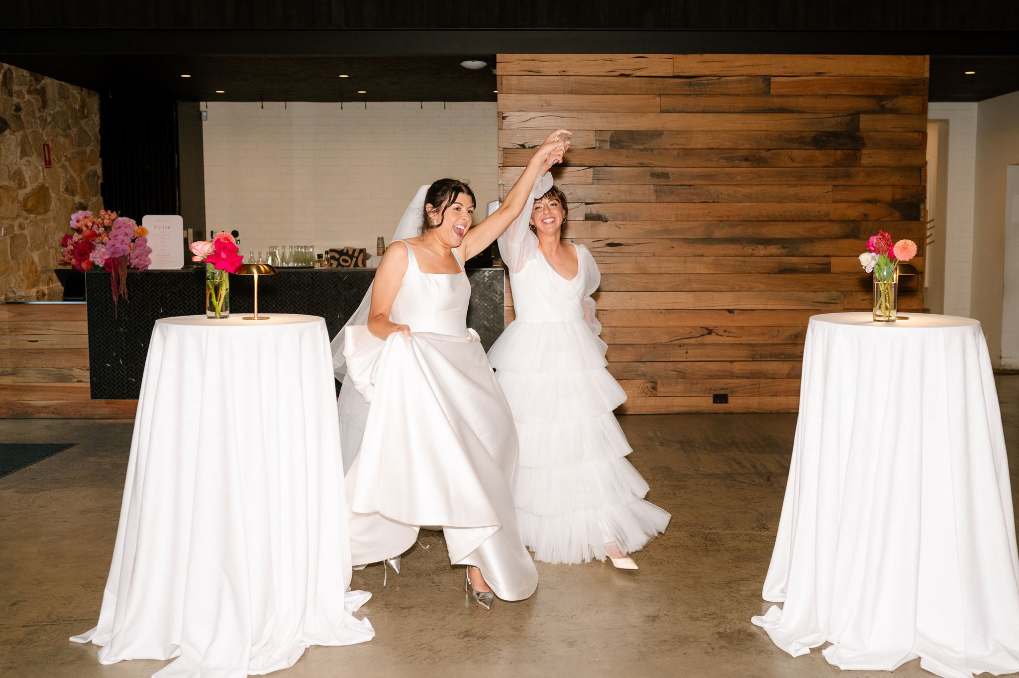 Bride entering reception at Colourful Wedding Styling at Goldings Winery Adelaide