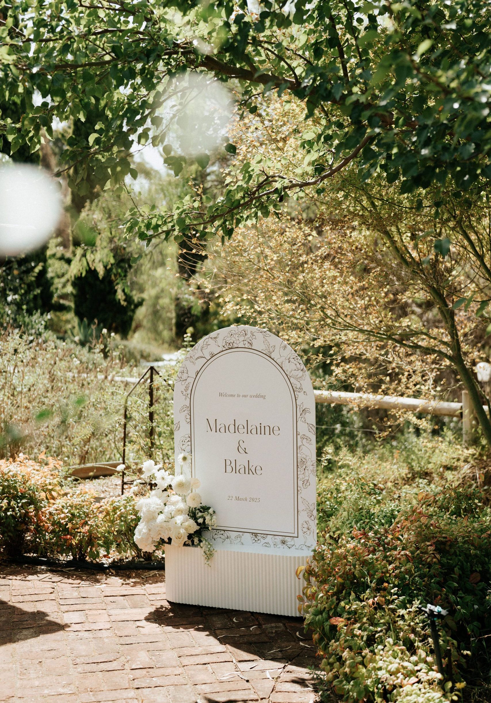 Classic Garden Party Wedding Sign styled in green and white colour palette at Marybank weddings