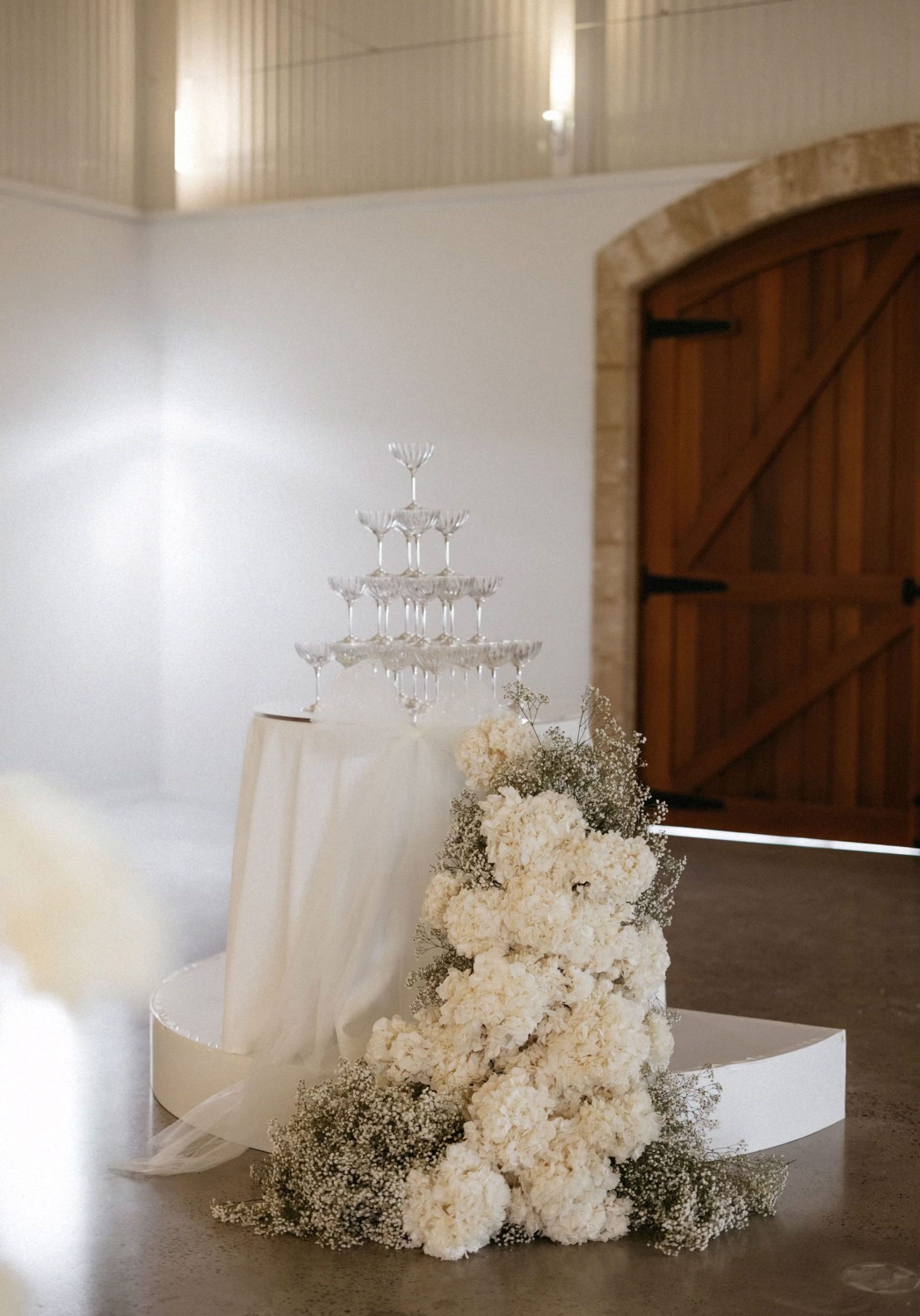 Classic Black and white styled wedding champagne tower at dream adelaide winery wedding venue lloyd brothers